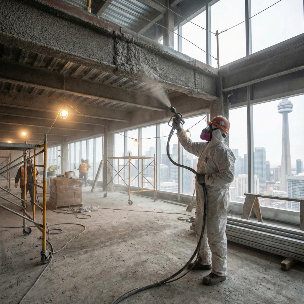 Spray-applied fireproofing being installed on structural steel beams in a Toronto commercial building