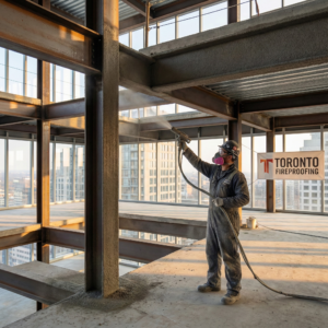 Fireproofing application on exposed steel beams inside a Toronto commercial building