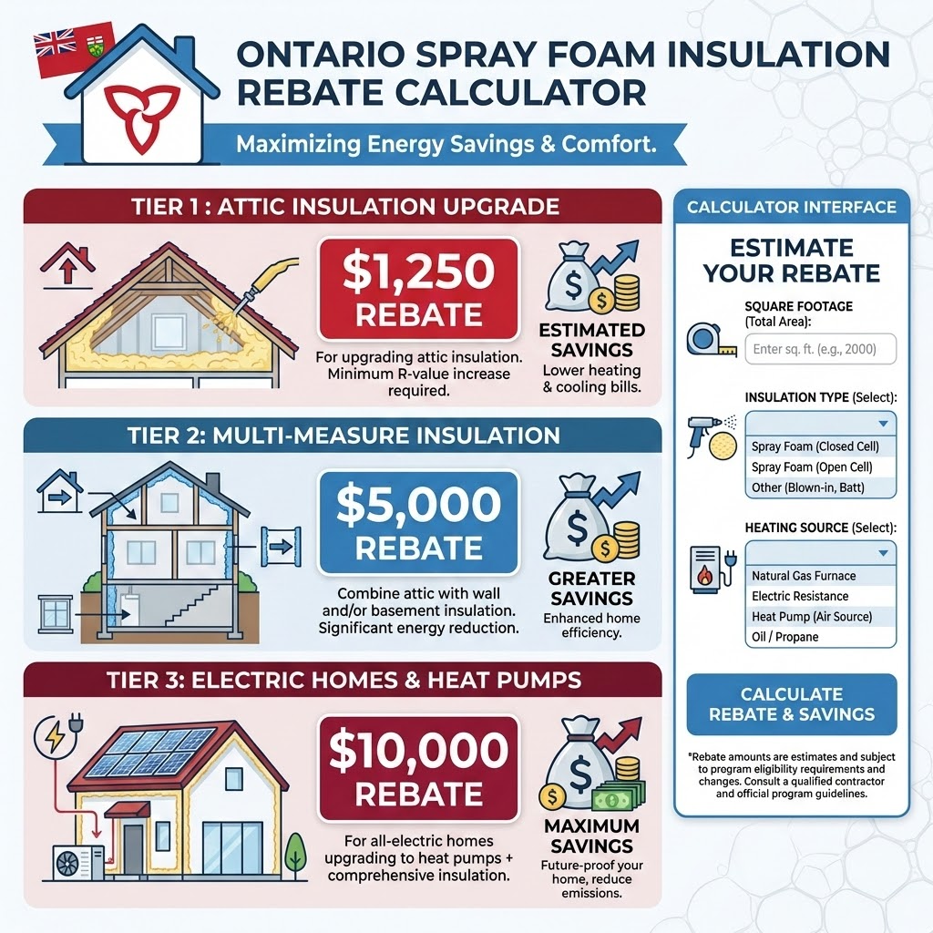 Ontario spray foam insulation rebate calculator showing 2026 rebate amounts